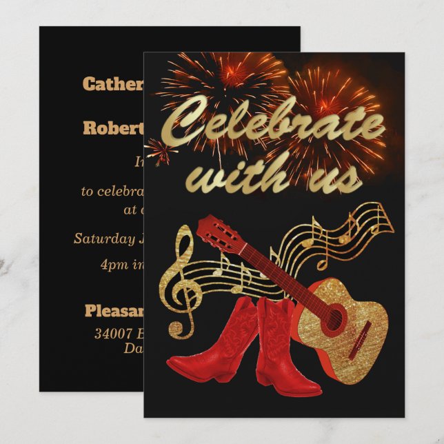 Invitation Musique Country Western  Guitare et bottes de cow- (Devant / Derrière)