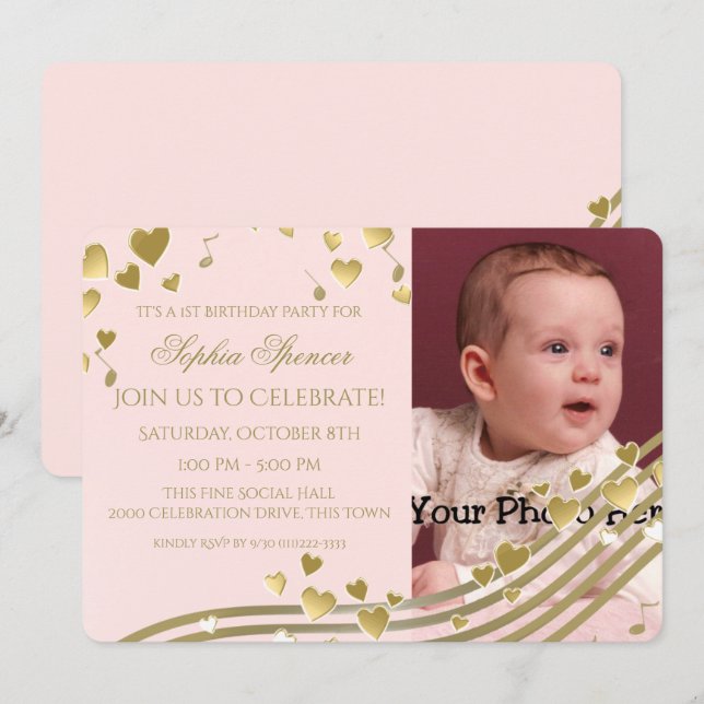 Invitation Musique et Coeurs d'anniversaire (Devant / Derrière)