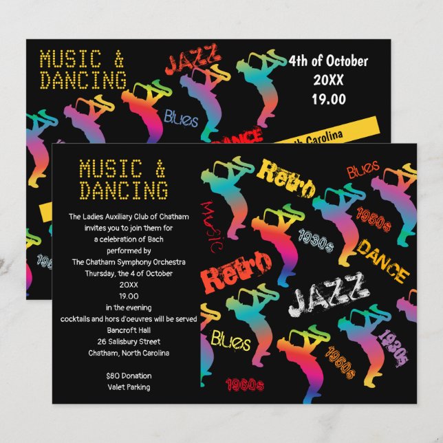 Invitation Musique et soirée dansante Musique JAZZ RETRO (Devant / Derrière)