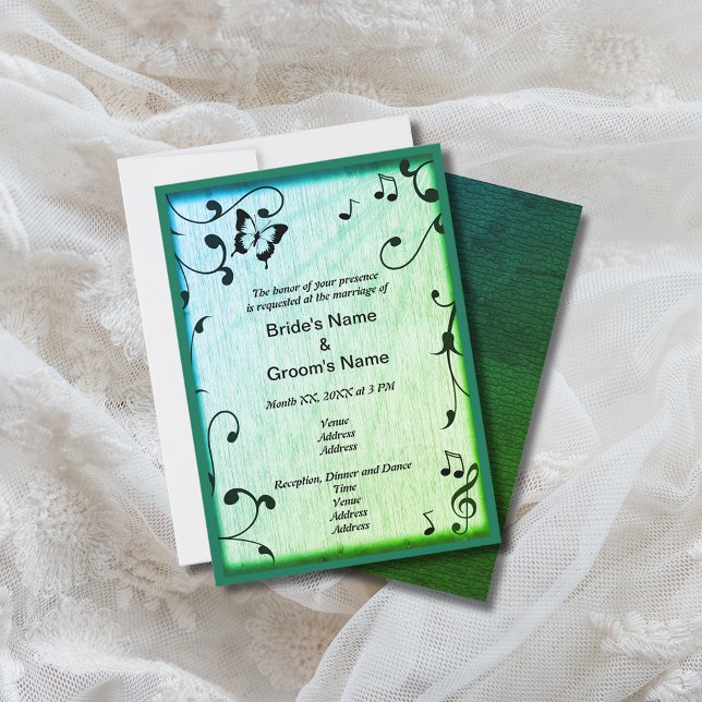 Invitation Musique Feuille  vert Mariage en bois (Music Butterfly Leaves Green Wood Wedding Invitation)