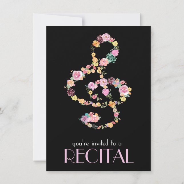 Invitation musique florale trekking clef sur noir (Devant)