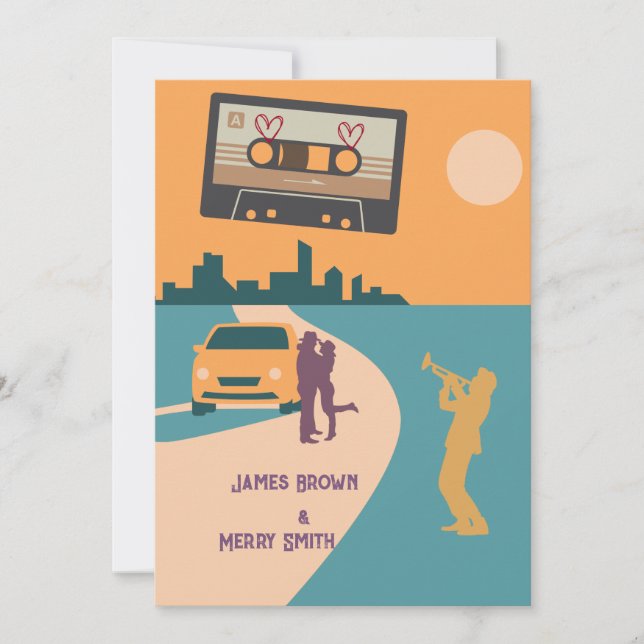 Invitation Musique Love Chansons Cassette Orange City Mariage (Devant)