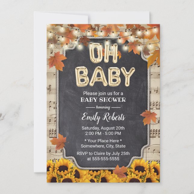 Invitation Musique Oh Baby shower Rustique Feuilles de automn (Devant)