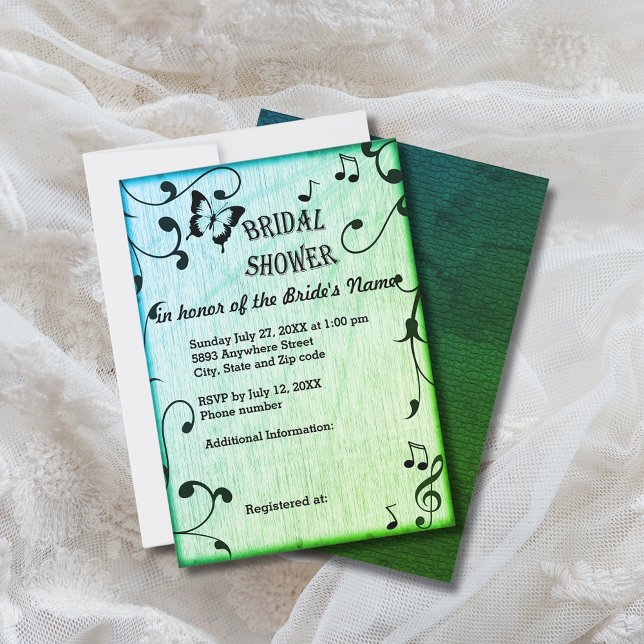 Invitation Musique, Papillon, Feuille, Fête des mariées verte (Music, Butterfly, Leaves, Green Bridal Shower Invitation)
