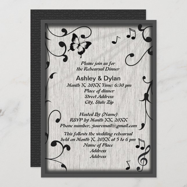 Invitation Musique Papillon Feuille Gris Noir Dîner de répéti (Devant / Derrière)