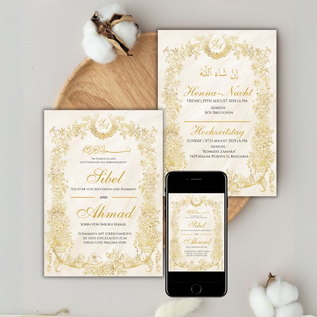 Invitation Muslimische Hochzeitseinladung mit goldenem Blumen (Créateur téléchargé)