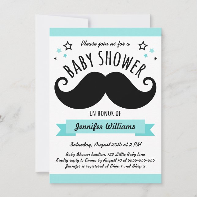 Invitation Mustache baby shower aqua bleu (Devant)