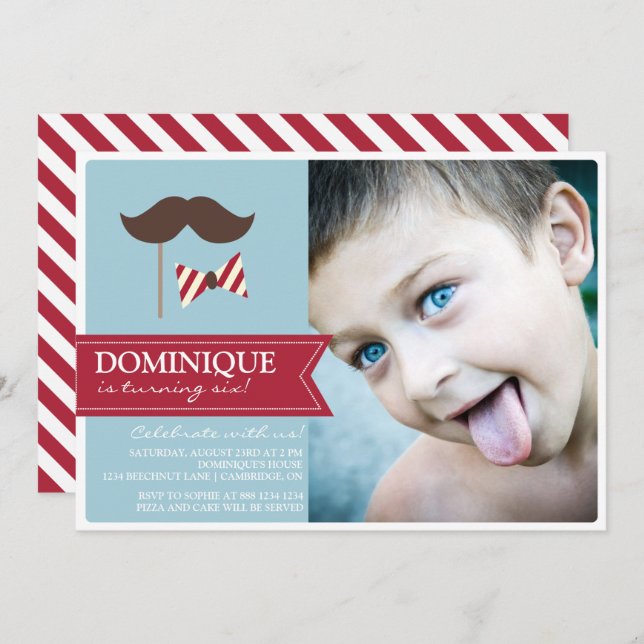 Invitation Mustache & Bow Cravate Photo Anniversaire Fête Inv (Devant / Derrière)