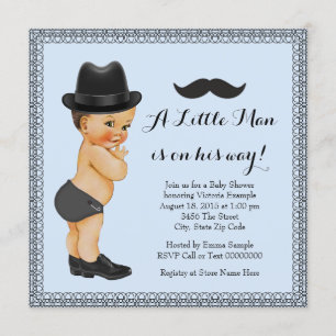 Invitation Mustache Little Man Bleu et Baby shower noir