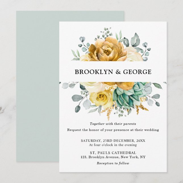 Invitation Mustard Jaune Floral Sage Vert Mariage moderne (Devant / Derrière)