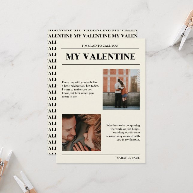 Invitation My Valentine Customizable Newspaper Photos Card  (Devant/Arrière en situation)
