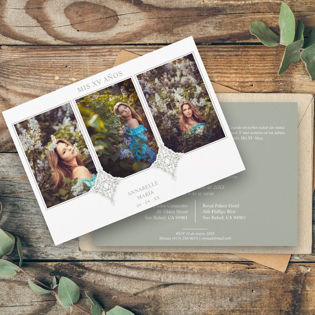 Invitation My XV Years Spanish 3 Photos Sage Lace Effet (Créateur téléchargé)