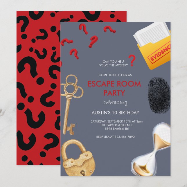 Invitation Mystère | Adventure Party | Escape Room Anniversai (Devant / Derrière)