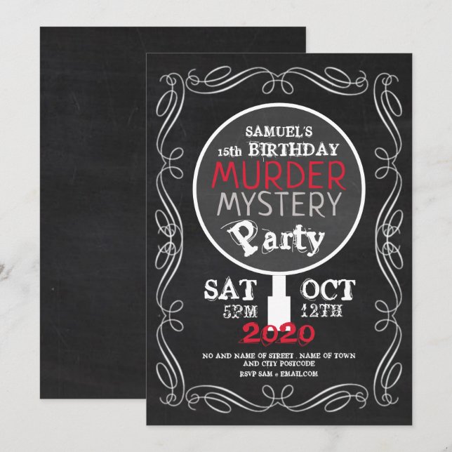 Invitation Mystère de Meurtre, Fête d'anniversaire de Chalkbo (Devant / Derrière)