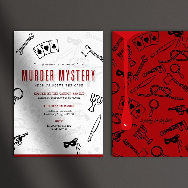 Invitation mystère de meurtre rouge et noir (Fun murder mystery party invitations shown on grey background with mysterious shadow overlay)