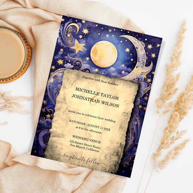 Invitation Mystic Celestin Midnight Blue Gold Stars Lune (celestial wedding invitation)