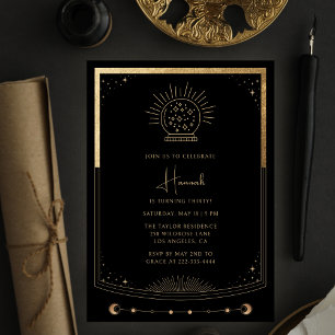 Invitation Mystical Black Gold Tarot Card Sorcière Anniversai