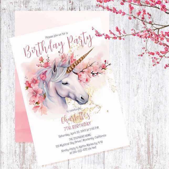 Invitation Mystical Unicorn Floral Girl 7e fête d'anniversair (Unicorn Mythical Creature and Pink Cherry Blossom Floral 7th Birthday Party Invitation)