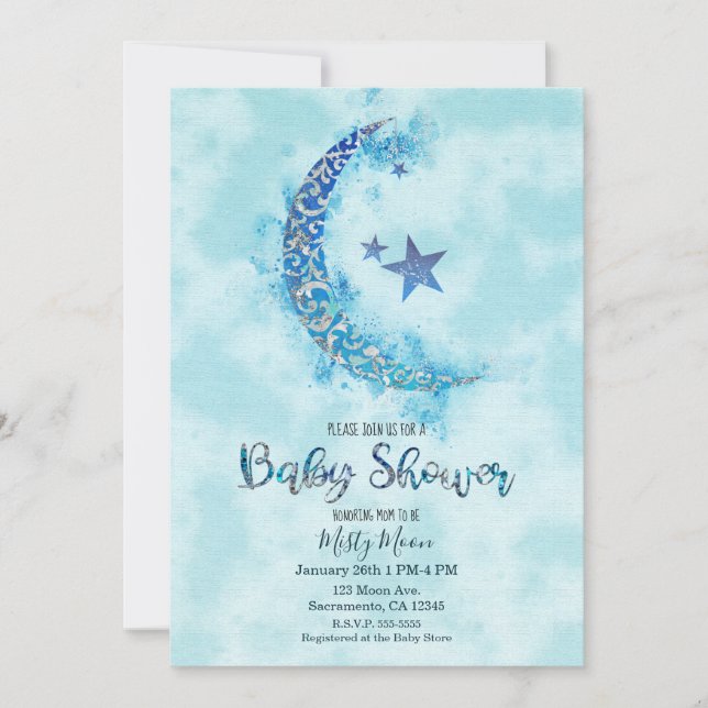 Invitation Mystique Bleu et Argent Aquarelle Moitié Lune Luna (Devant)