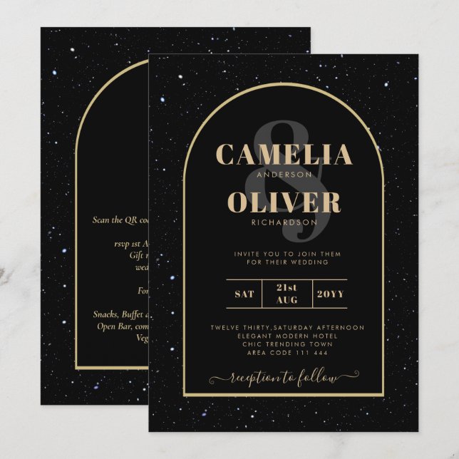 Invitation Mystique OR NOIR Mariage de nuit étoilé (Devant / Derrière)