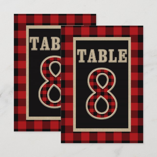 Invitation N° 8 de table rustique carreaux buffle rouge et no (Devant / Derrière)