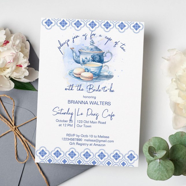 Invitation Nage douche thé fête bleu tuiles thé pot (Bridal shower tea party something blue tiles template invitation instant download blue tea pot)