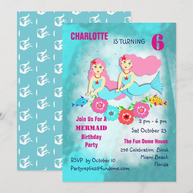 Invitation Nage Mermaids mignonne fille Anniversaire Invitati (Devant / Derrière)