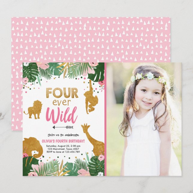 Invitation Naissance de la fille de quatre animaux sauvages d (Devant / Derrière)