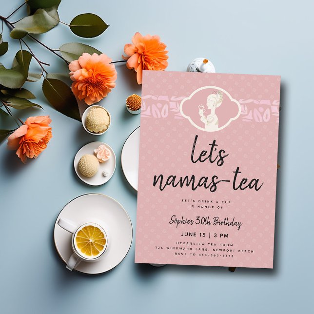 Invitation Namas-tea Funny Cute Chic Tea Party 30e anniversai (tea party birthday invitation 30th women namaste yoga joke funny humorous cute pink elegant classy)