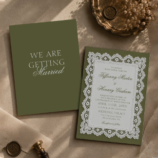 Invitation Nappe en dentelle d'argent vert olive Mariage