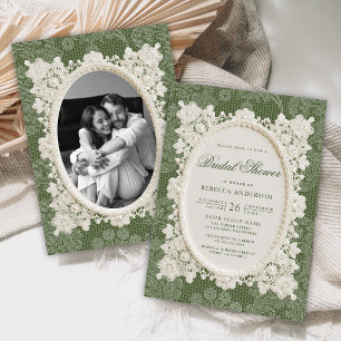Invitation Nappe en dentelle vert olive ivoire pour la douche