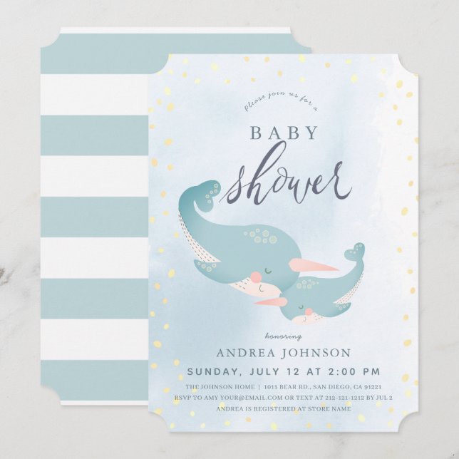 Invitation Narwhal Aquarelle Baby shower Garçon bleu (Devant / Derrière)