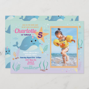 Invitation Narwhal Birthday Party Pool Beach Photo Narwhal