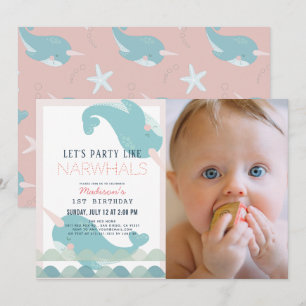 Invitation Narwhal Waves Sea Rose Girl 1er anniversaire Photo