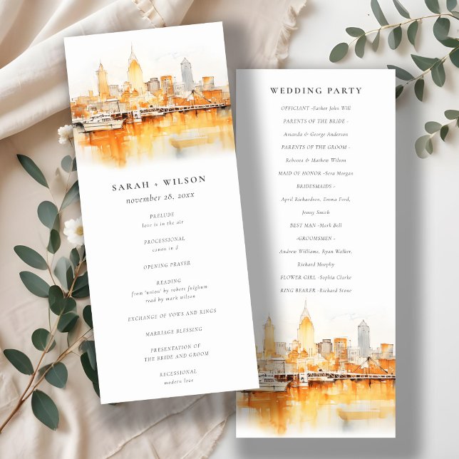 Invitation Nashville City Skyline Watercolor Wedding Programm (Créateur téléchargé)