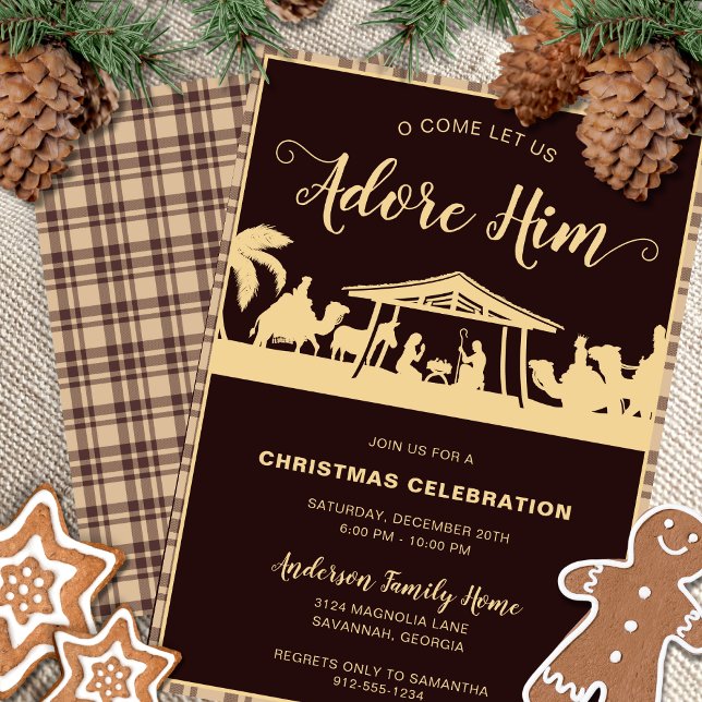 Invitation Nativité Brown et or Fête religieuse de Noël (Religious Christmas party invitation with nativity scene , brown flannel and gold calligraphy script)