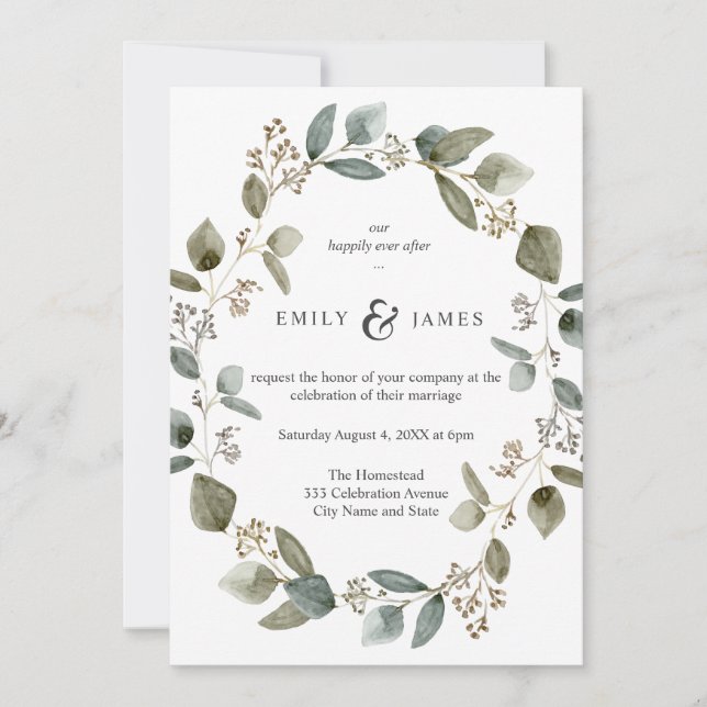Invitation Nature Aquarelle Eucalyptus Feuilles Mariage cadre (Devant)