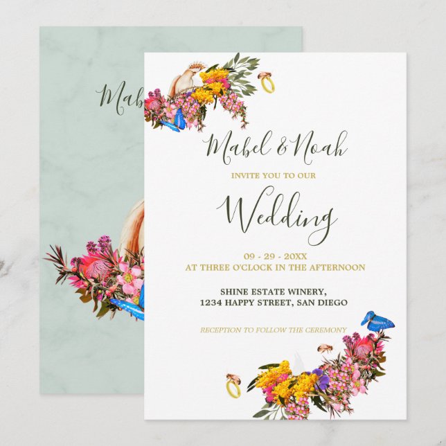 Invitation Nature durable Floral Protea Cockatoo Mariage (Devant / Derrière)