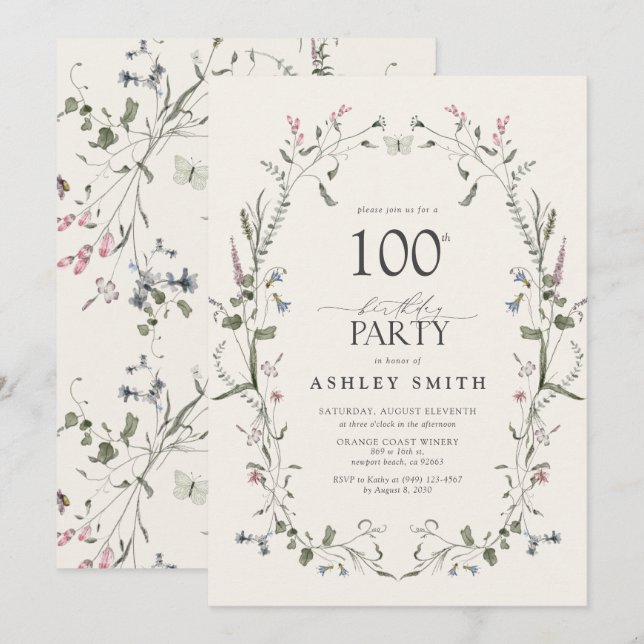 Invitation Nature Floral 100e anniversaire de fête aquarelle (Devant / Derrière)