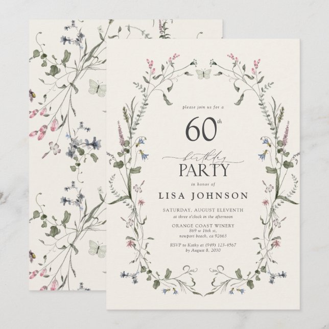 Invitation Nature Floral 60e anniversaire de fête aquarelle (Devant / Derrière)