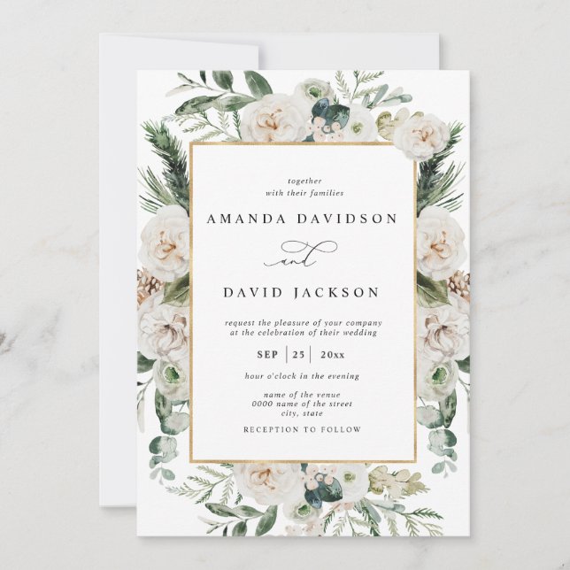 Invitation Naturel Rustique Pine Verdure Blanc Floral Mariage (Devant)