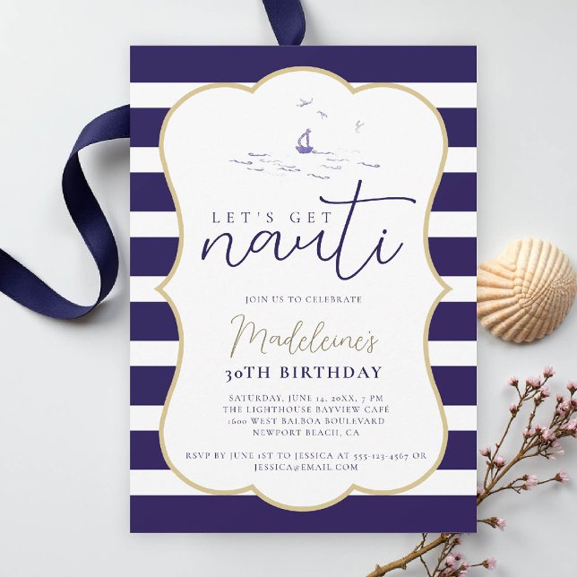 Invitation Nauti Nautical Boat Party Coastal 30e anniversaire (nautical 30th birthday invitation women her coastal beach yacht boat sailing stripes elegant frame)