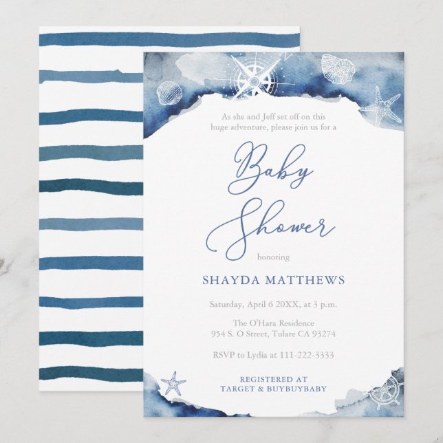 Invitation Nautical Adventure Ocean Baby shower pour garçon (Devant / Derrière)