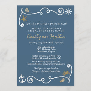 Invitation Nautical Beach Blue and Gold Bride ou Baby shower