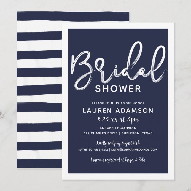 Invitation Nautical Beach Bridal Bash Douche Marine Bleu Stri (Devant / Derrière)