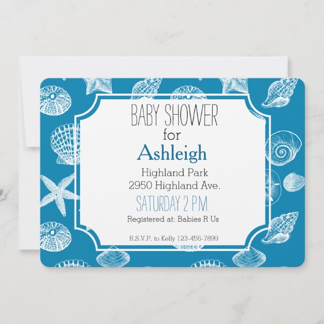 Invitation Nautical Beach Shells Aqua White baby shower (Devant)