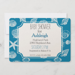 Invitation Nautical Beach Shells Aqua White baby shower
