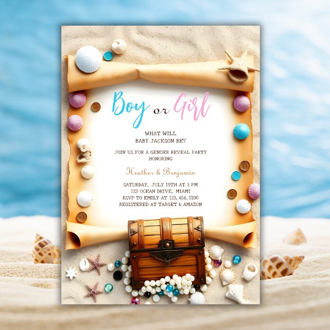 Invitation Nautical Beach Treasure Poitrine Genre Reveval Par (Nautical Beach Treasure Chest Gender Reveal Party Invitation)
