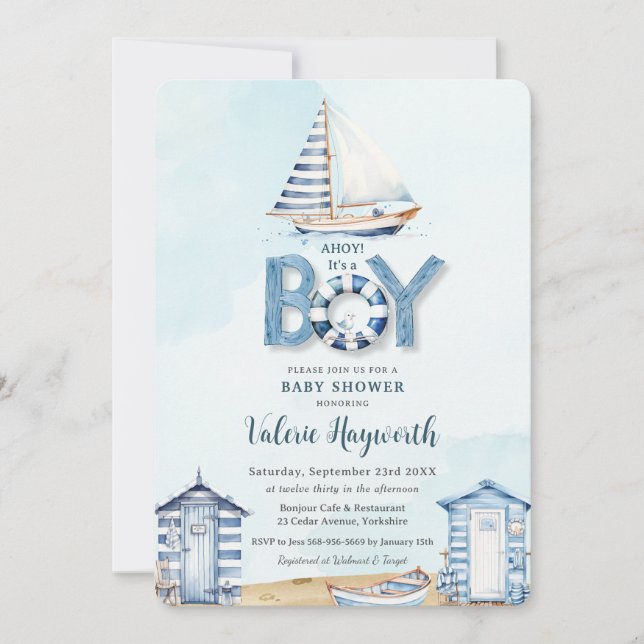 Invitation Nautical Blue Boat Beach Huts Boy Baby shower (Devant)
