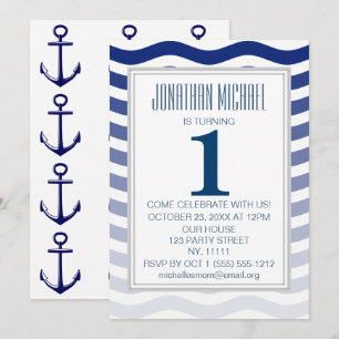 Invitation Nautical Blue Ombre Vague Ancre premier anniversai